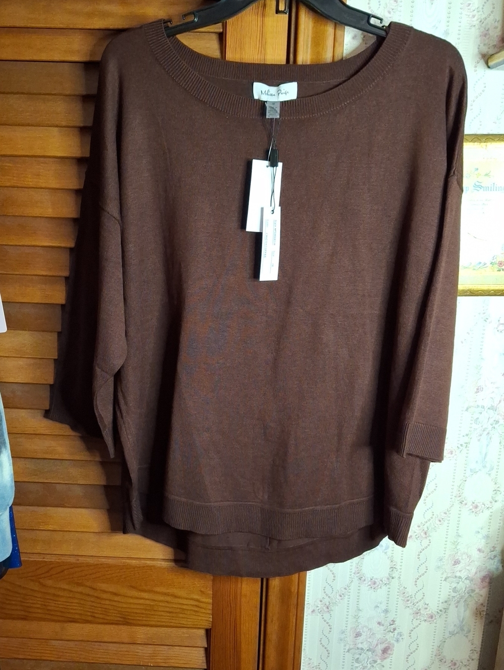 Melissa Paige Chicory Coffee 3/4 Sleeve 1X Lightweight Sweater Button Accent NWT